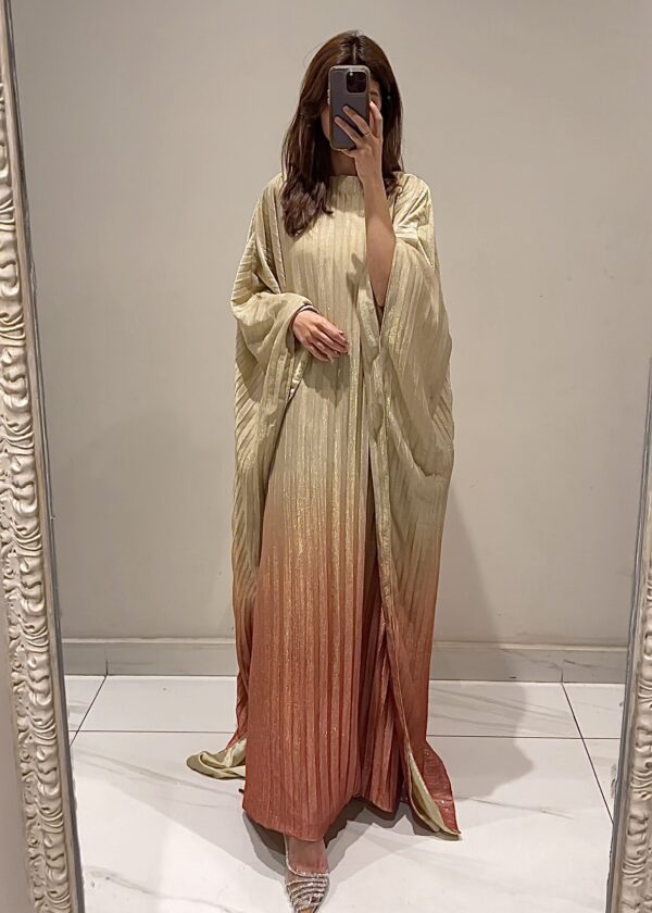 Gold Affair Butterfly Abaya with glitter, gold and peach ombre design, front view on model