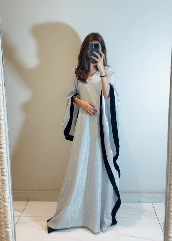 Noor-Silver Glitter Butterfly Kaftan Abaya - Image 3