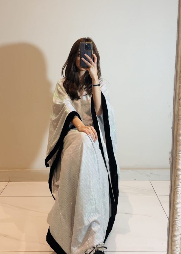 Silver glitter color block butterfly kaftan abaya with black panels and adjustable waist, ideal for Eid, weddings, and modest evening wear