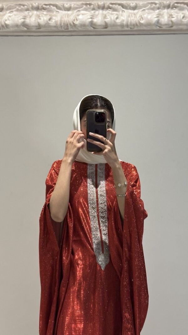 Crimson Red Glitter Butterfly Kaftan Abaya – Modest Party Wear - Image 3
