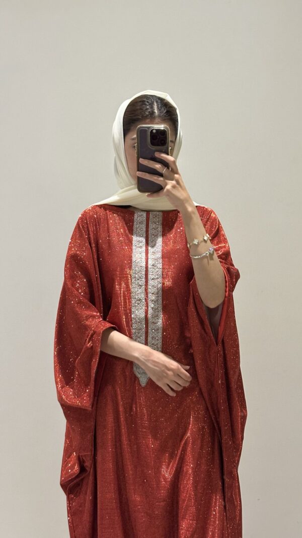 Crimson Red Glitter Butterfly Kaftan Abaya – Modest Party Wear - Image 2