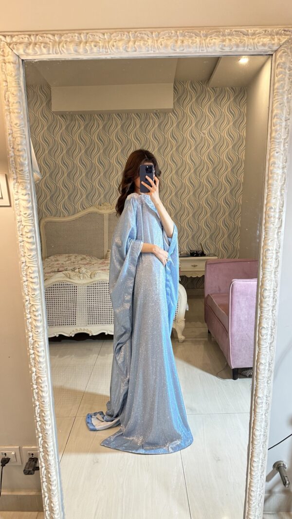 Ice blue glitter butterfly abaya with belt, perfect for special occasions, made from luxe glitter moonlight fabric