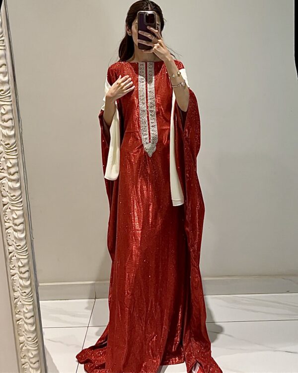 Elegant red glitter butterfly design kaftan abaya with adjustable waist, perfect for Eid, parties, and special occasions. Modest evening wear with shimmer.